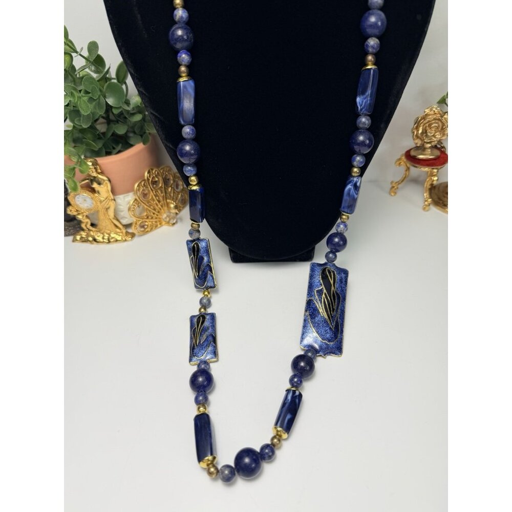 Unique Artisan Lapis Lazuli Beaded Necklace Enamel Panels Toggle Clasp - Picture 3 of 9